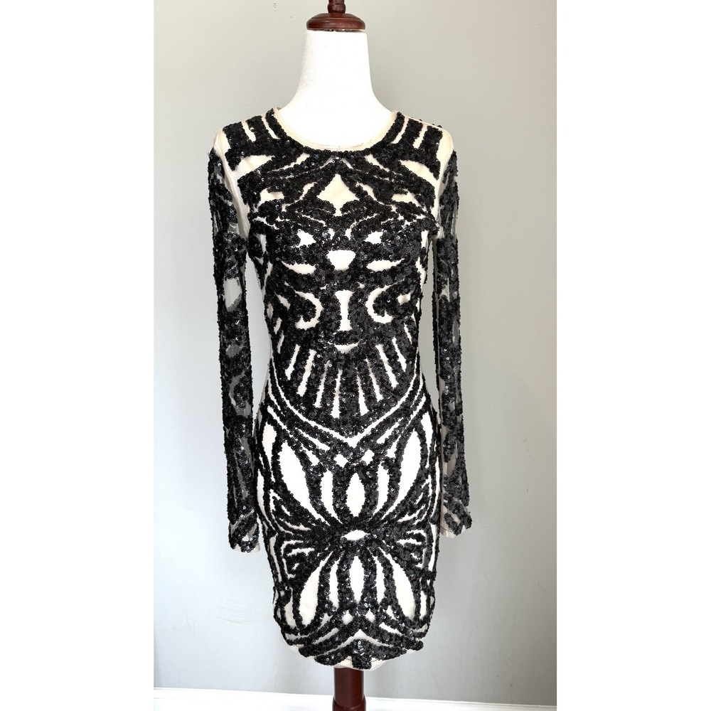 Bebe Black Cream Sequin Beaded Cocktail Party Formal Bodycon Dress  XS